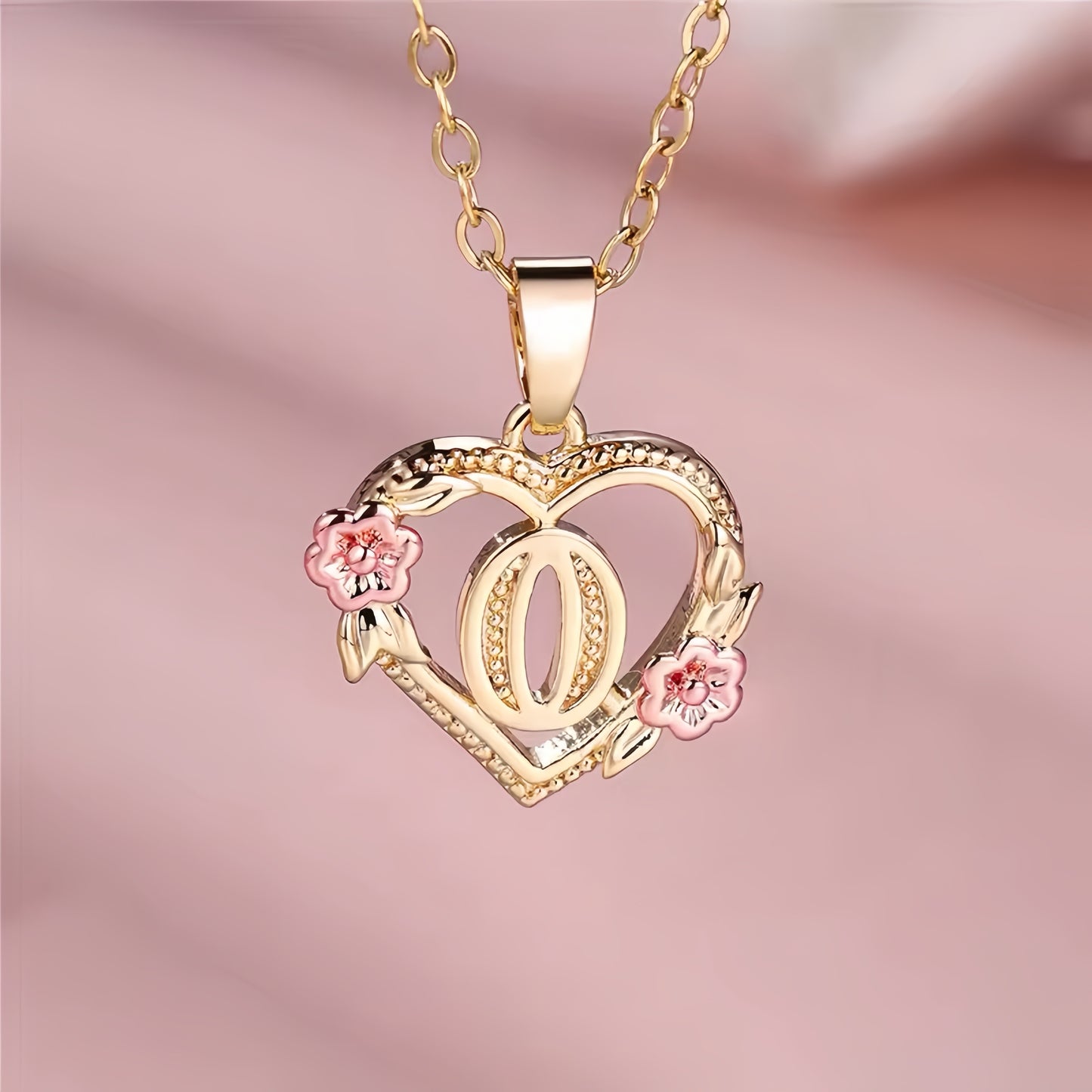 Rose Gold Heart Initial Necklace with Pink Accents - Personalized Letter Pendant for Customized Elegance