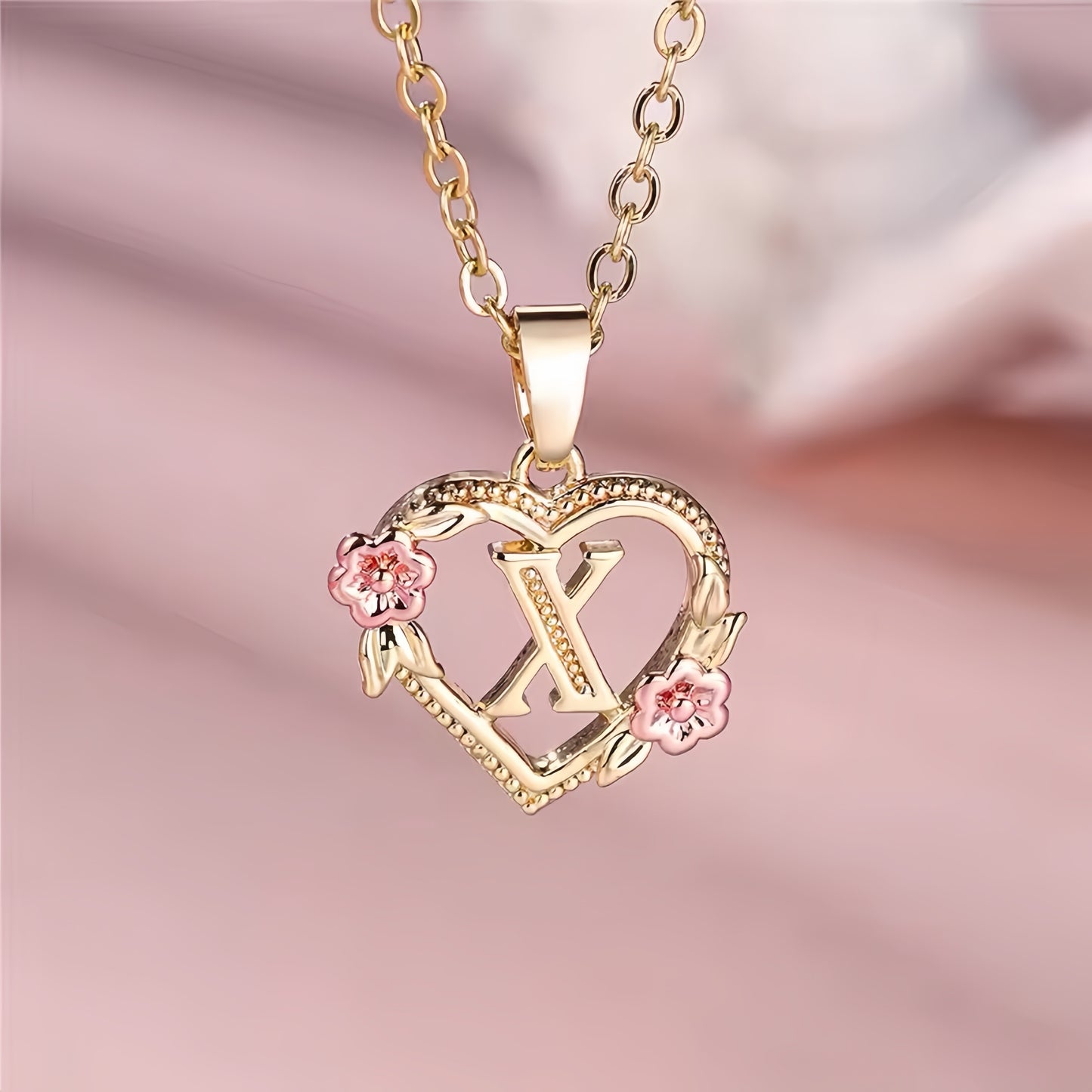 Rose Gold Heart Initial Necklace with Pink Accents - Personalized Letter Pendant for Customized Elegance