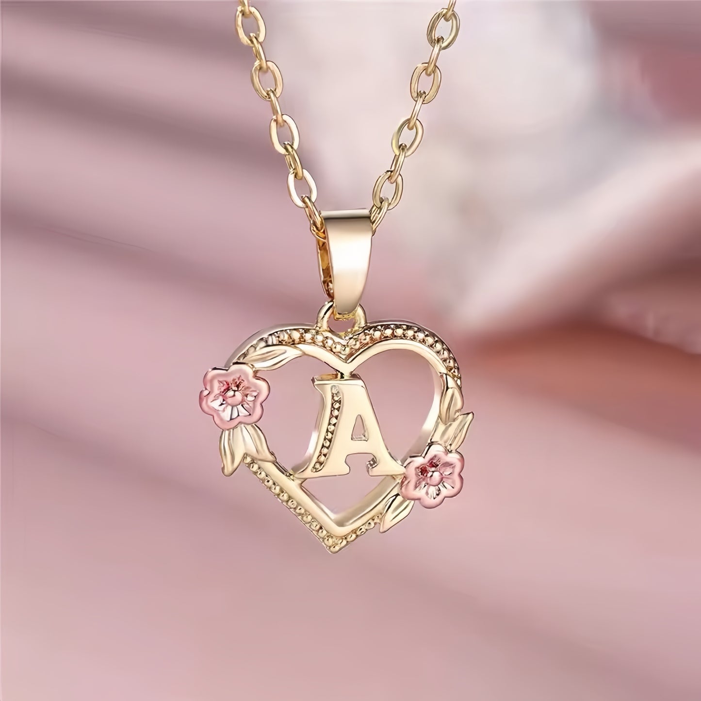 Rose Gold Heart Initial Necklace with Pink Accents - Personalized Letter Pendant for Customized Elegance