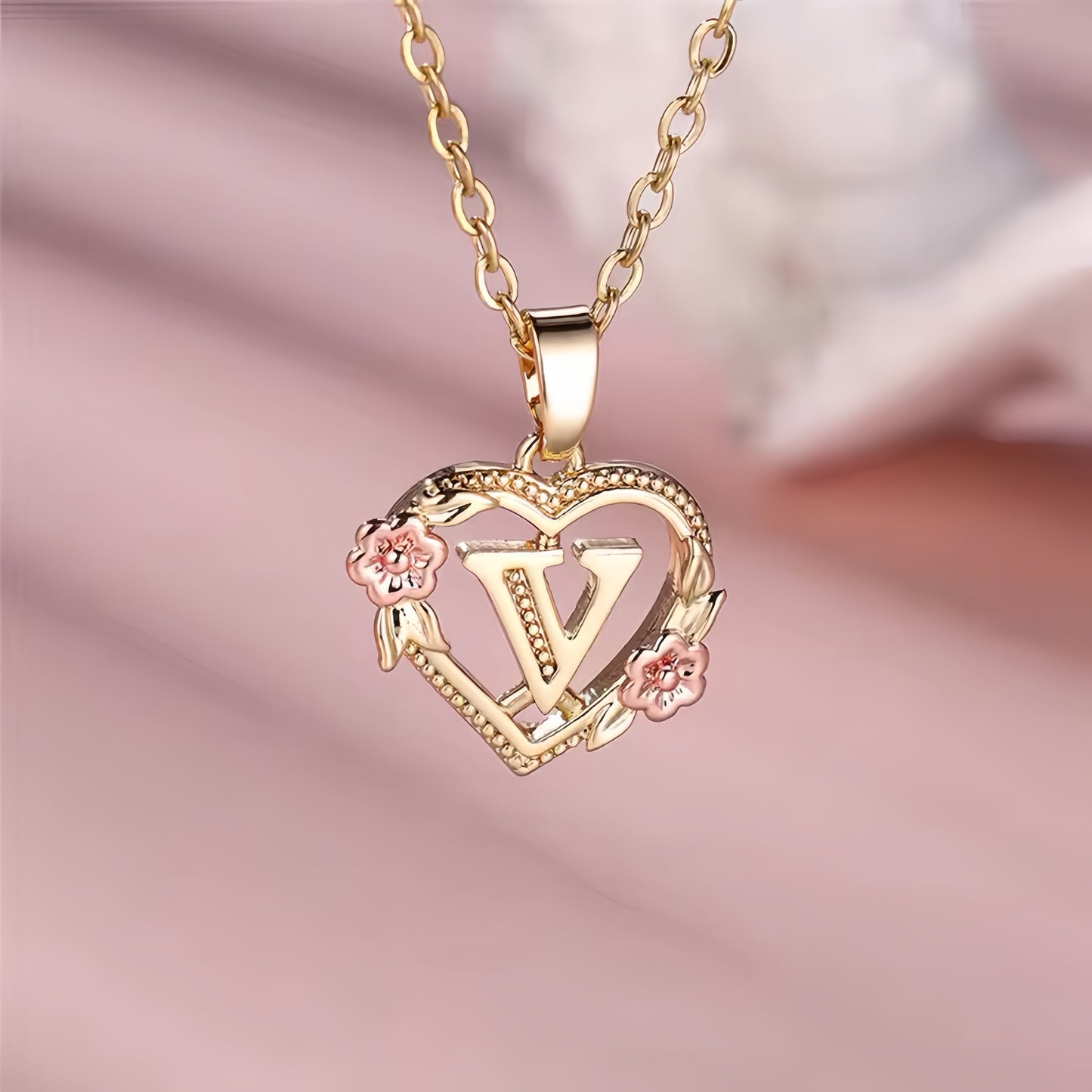 Rose Gold Heart Initial Necklace with Pink Accents - Personalized Letter Pendant for Customized Elegance