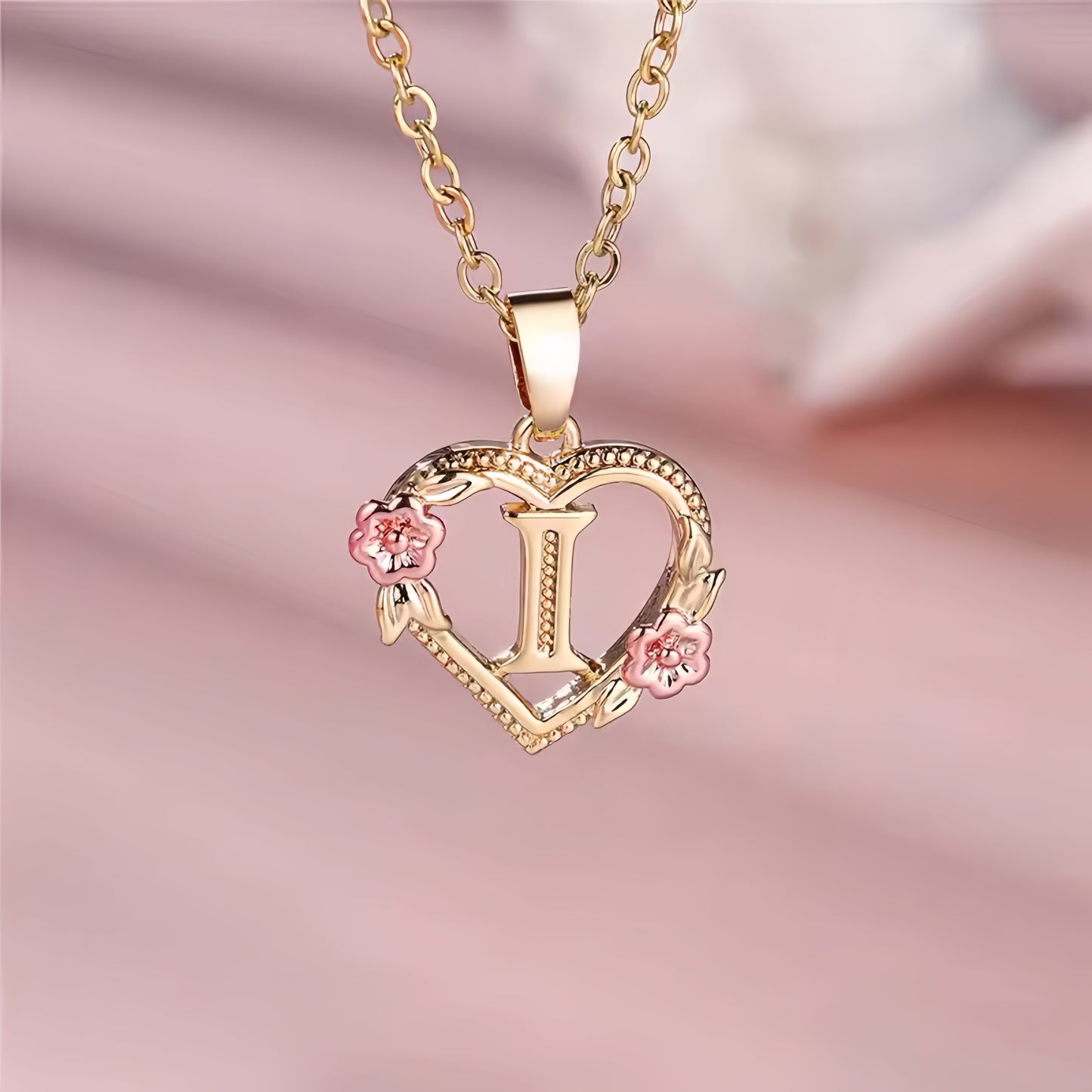 Rose Gold Heart Initial Necklace with Pink Accents - Personalized Letter Pendant for Customized Elegance