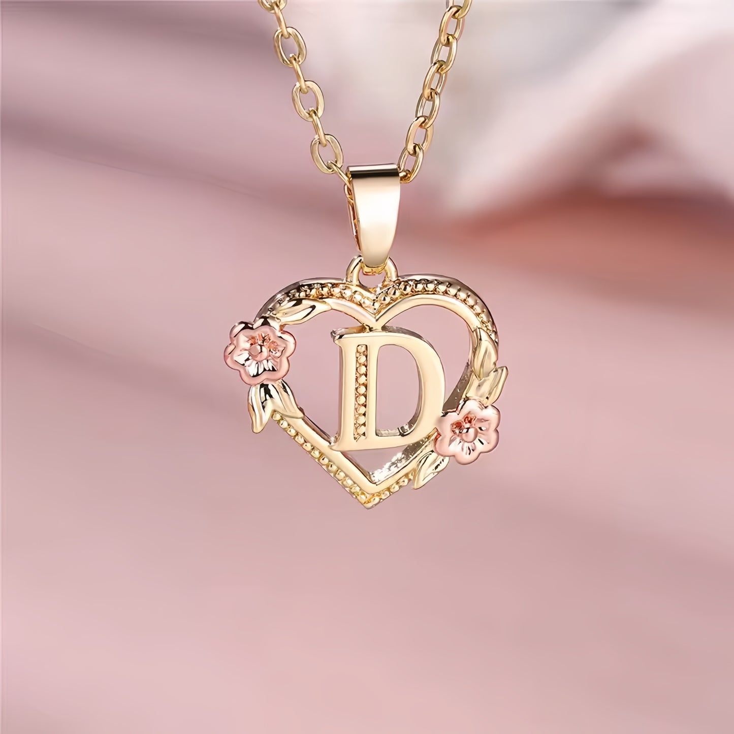 Rose Gold Heart Initial Necklace with Pink Accents - Personalized Letter Pendant for Customized Elegance
