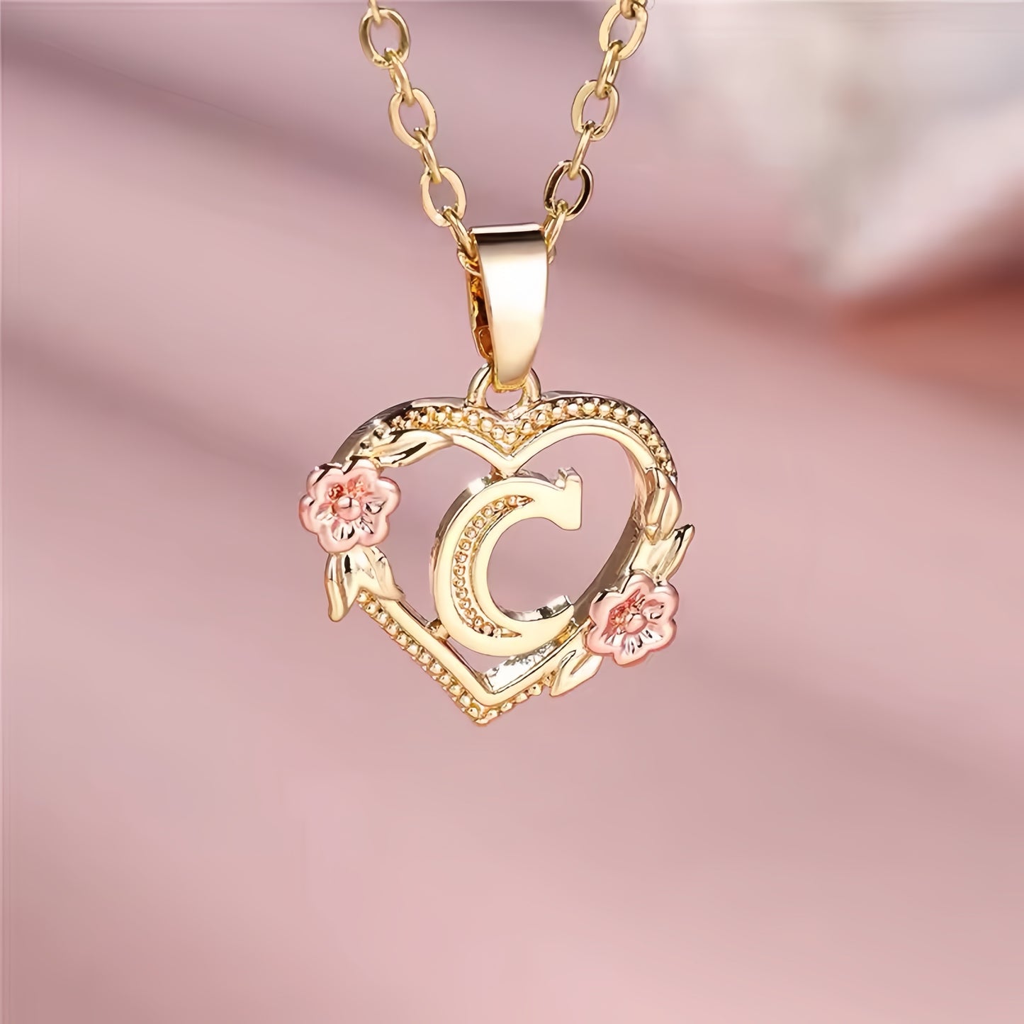 Rose Gold Heart Initial Necklace with Pink Accents - Personalized Letter Pendant for Customized Elegance