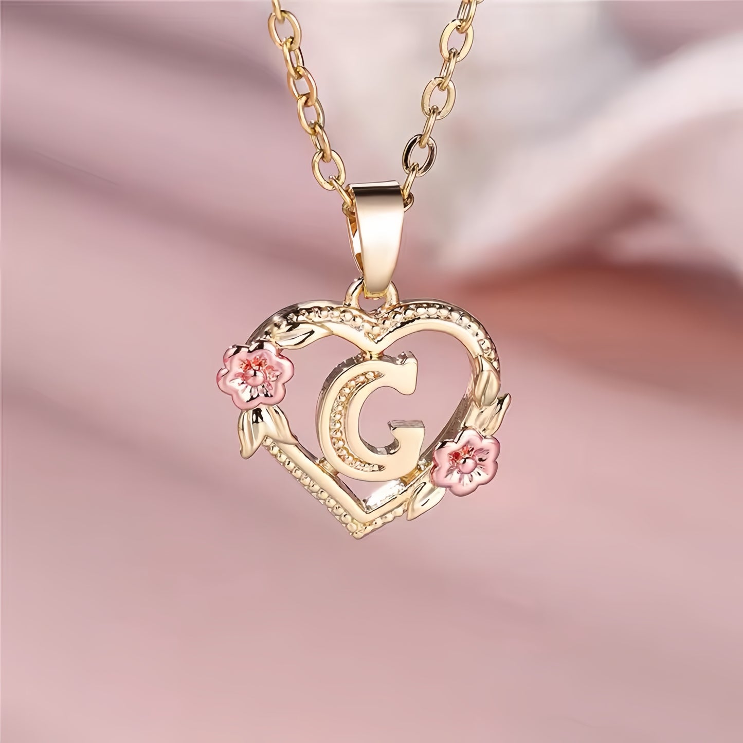 Rose Gold Heart Initial Necklace with Pink Accents - Personalized Letter Pendant for Customized Elegance