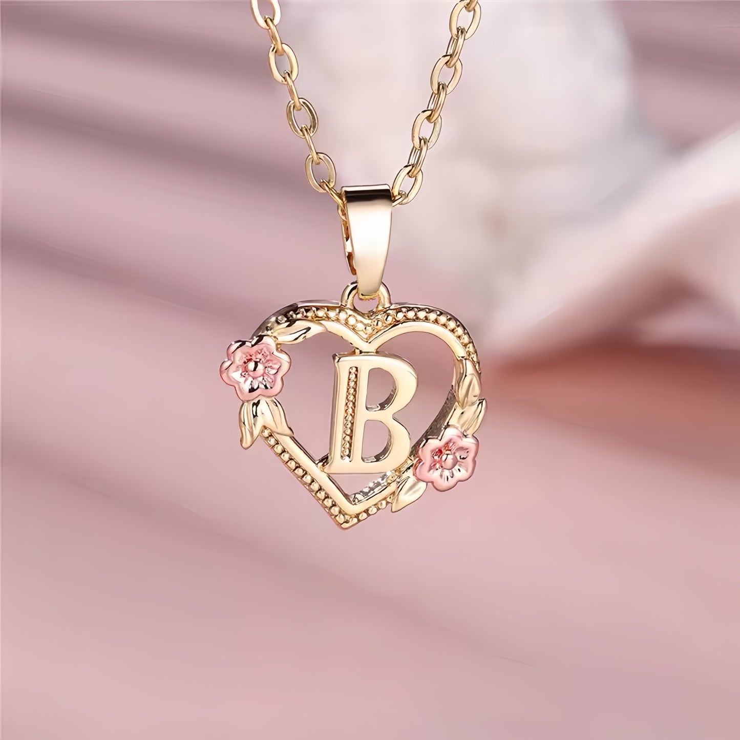 Rose Gold Heart Initial Necklace with Pink Accents - Personalized Letter Pendant for Customized Elegance