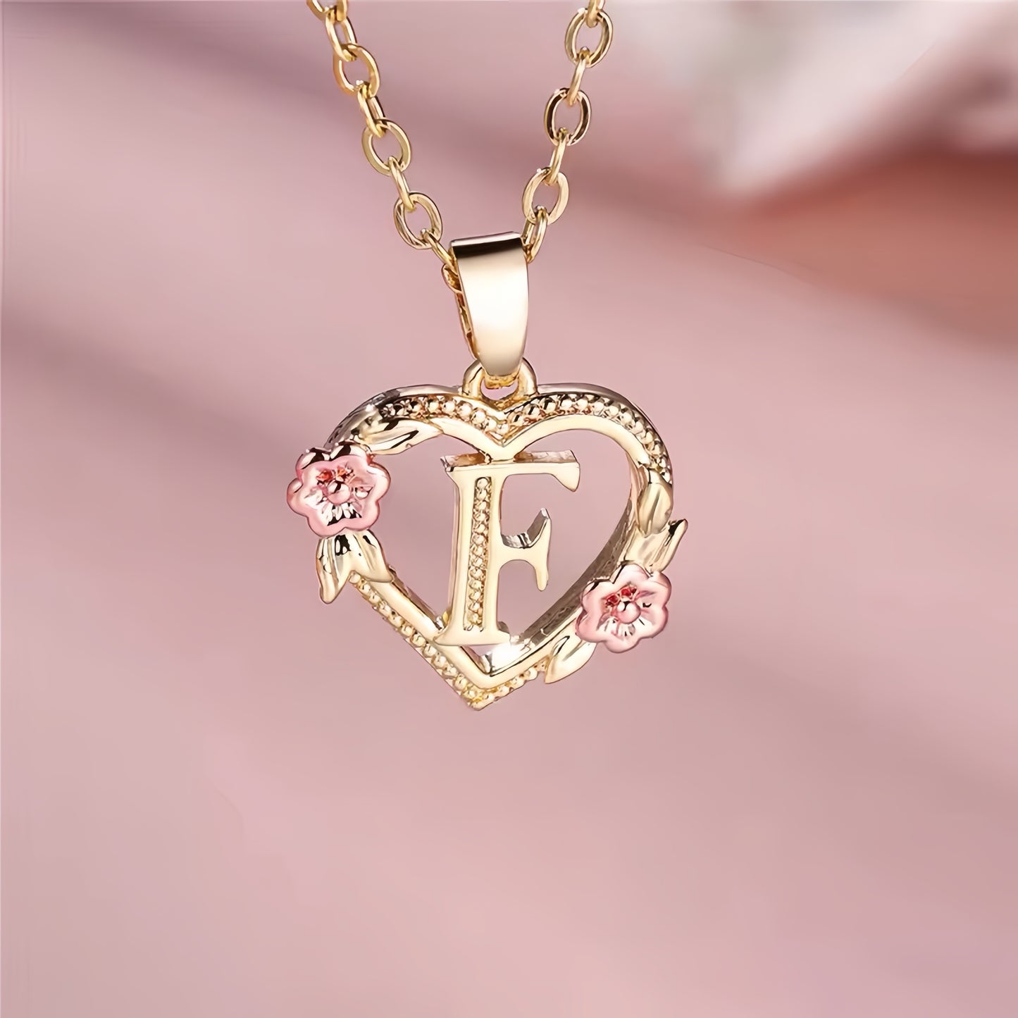 Rose Gold Heart Initial Necklace with Pink Accents - Personalized Letter Pendant for Customized Elegance