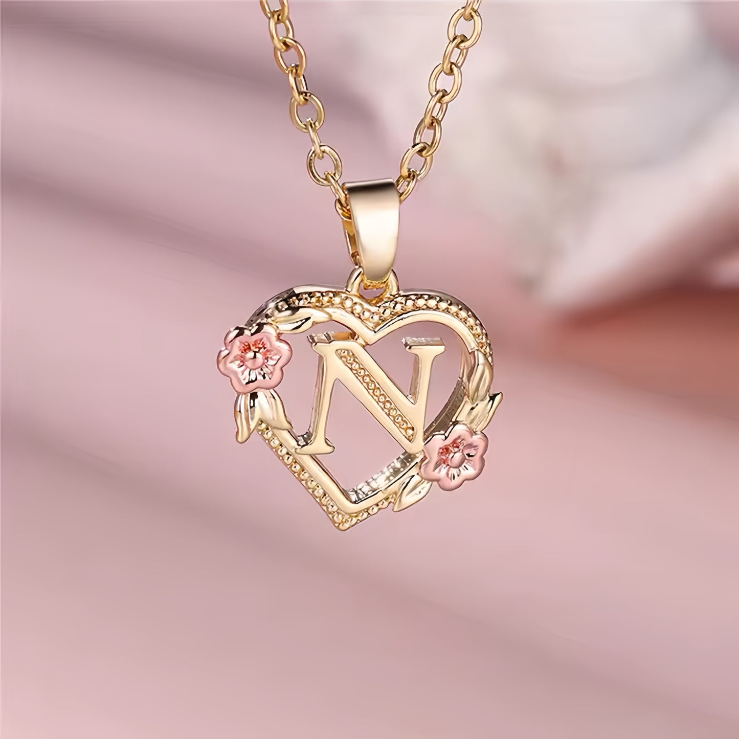 Rose Gold Heart Initial Necklace with Pink Accents - Personalized Letter Pendant for Customized Elegance