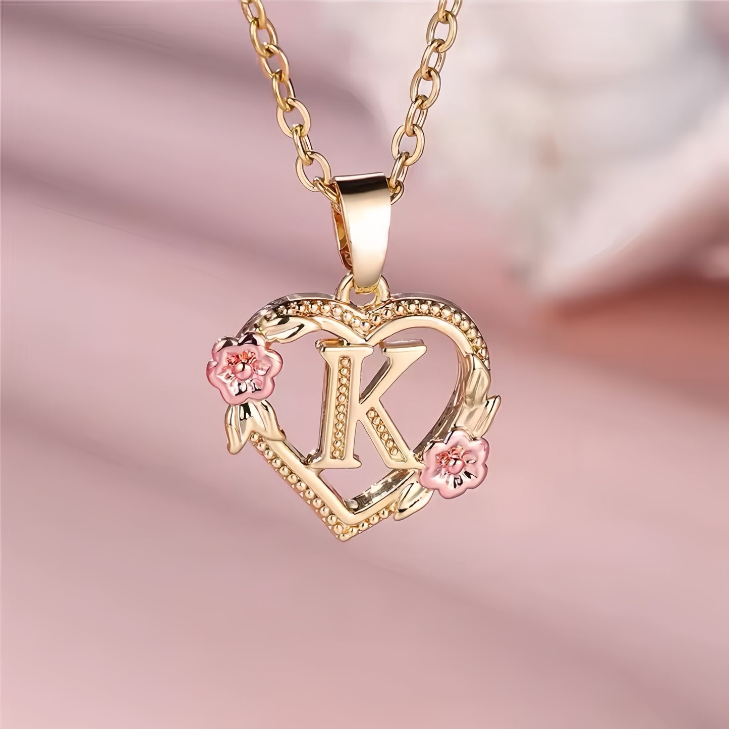 Rose Gold Heart Initial Necklace with Pink Accents - Personalized Letter Pendant for Customized Elegance