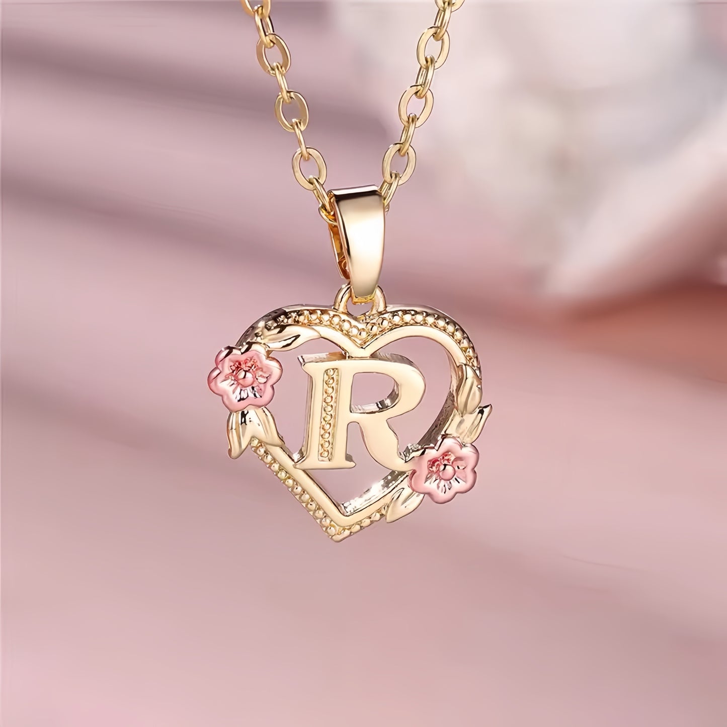 Rose Gold Heart Initial Necklace with Pink Accents - Personalized Letter Pendant for Customized Elegance