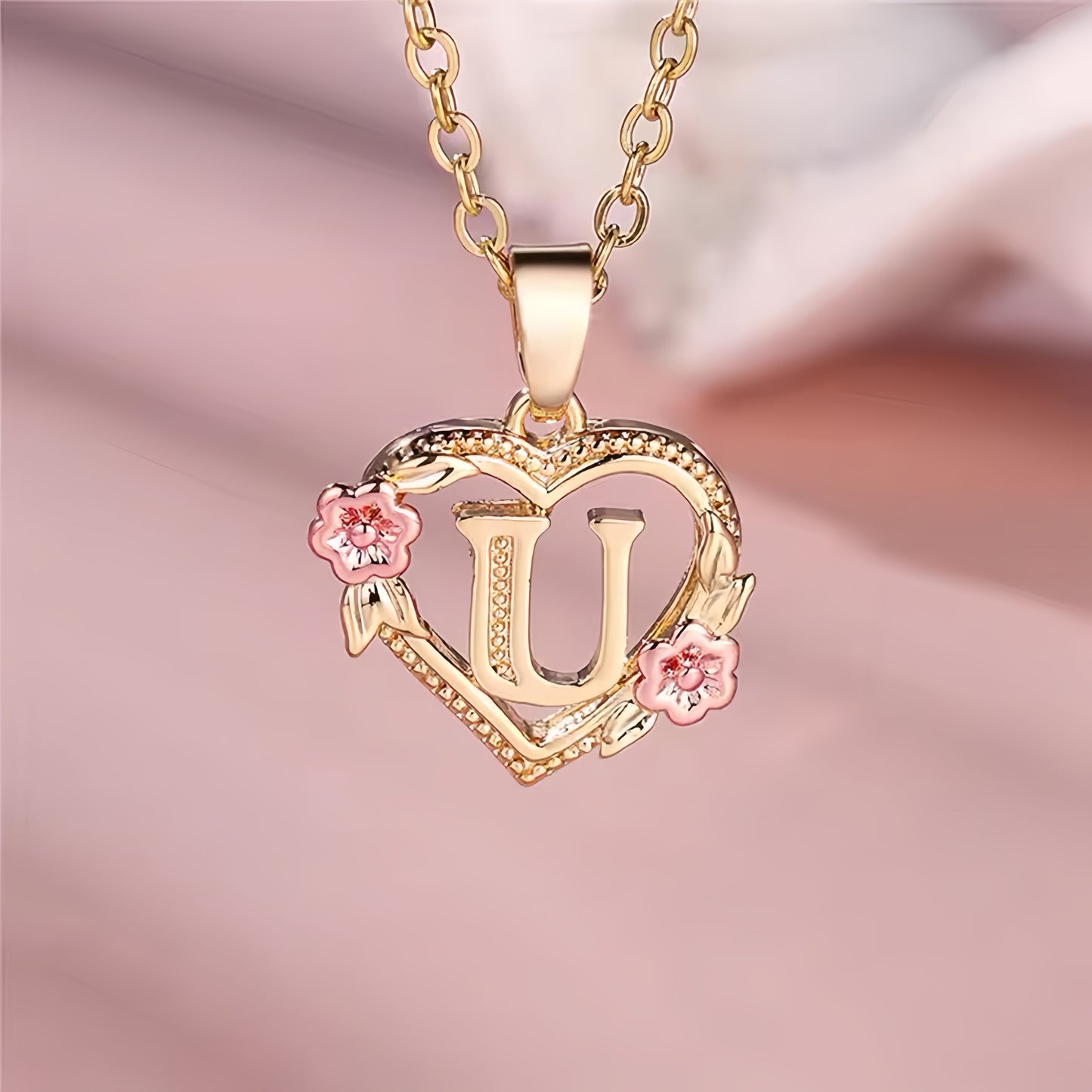 Rose Gold Heart Initial Necklace with Pink Accents - Personalized Letter Pendant for Customized Elegance
