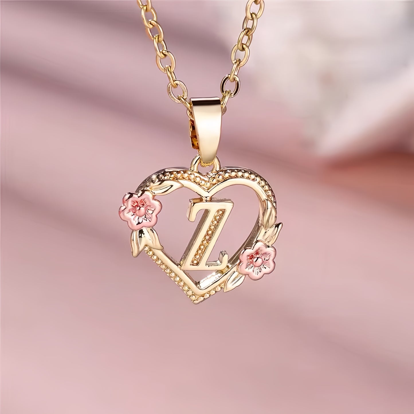 Rose Gold Heart Initial Necklace with Pink Accents - Personalized Letter Pendant for Customized Elegance