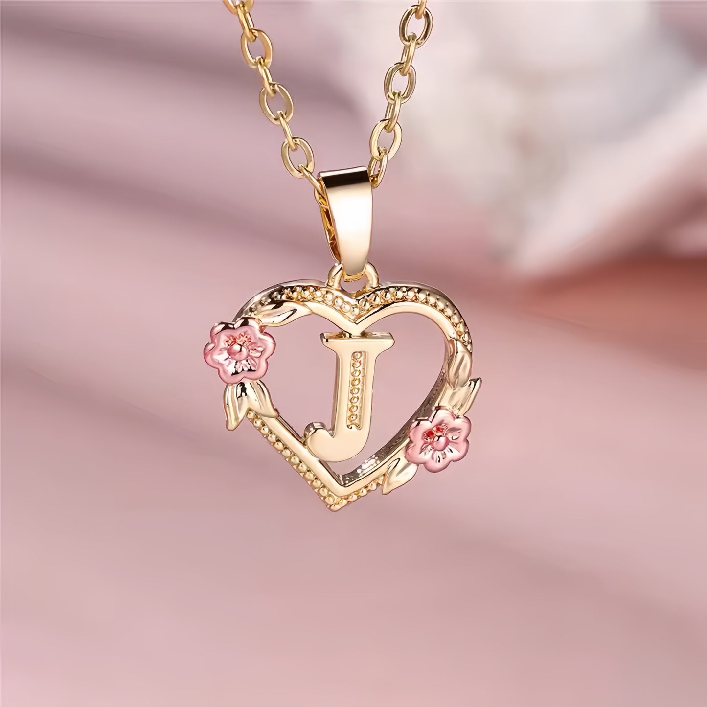 Rose Gold Heart Initial Necklace with Pink Accents - Personalized Letter Pendant for Customized Elegance