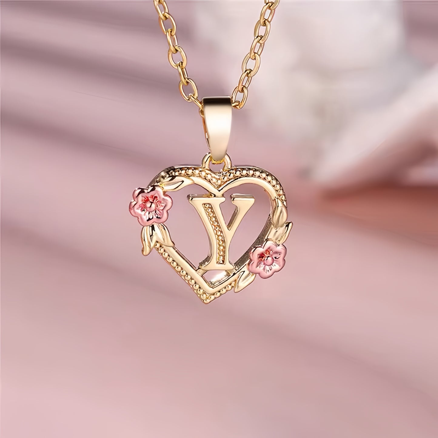 Rose Gold Heart Initial Necklace with Pink Accents - Personalized Letter Pendant for Customized Elegance