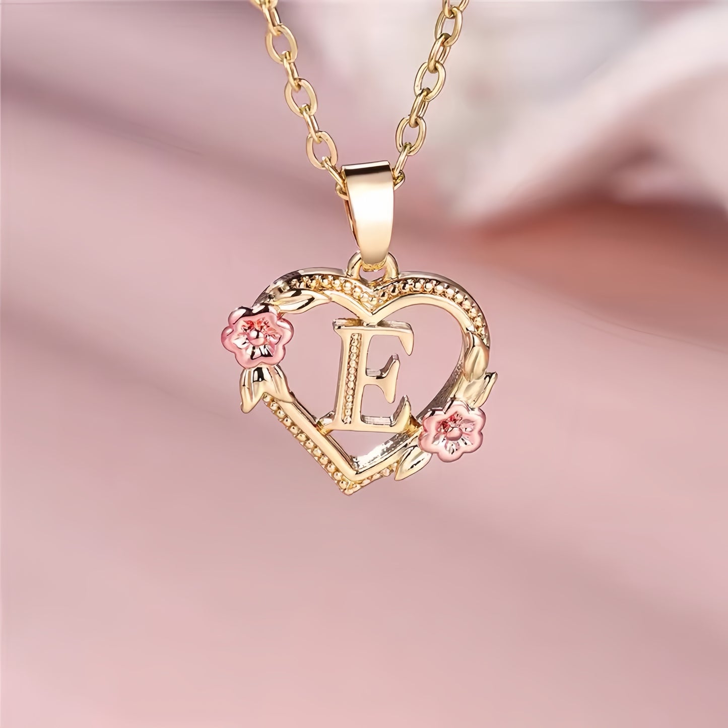 Rose Gold Heart Initial Necklace with Pink Accents - Personalized Letter Pendant for Customized Elegance