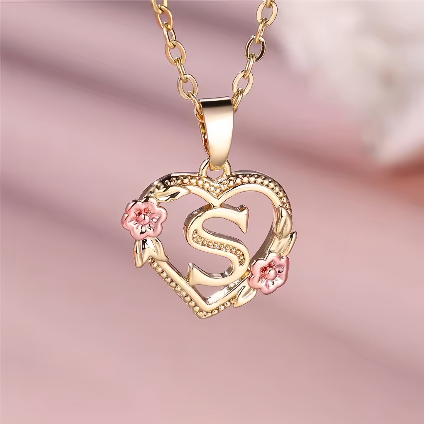 Rose Gold Heart Initial Necklace with Pink Accents - Personalized Letter Pendant for Customized Elegance