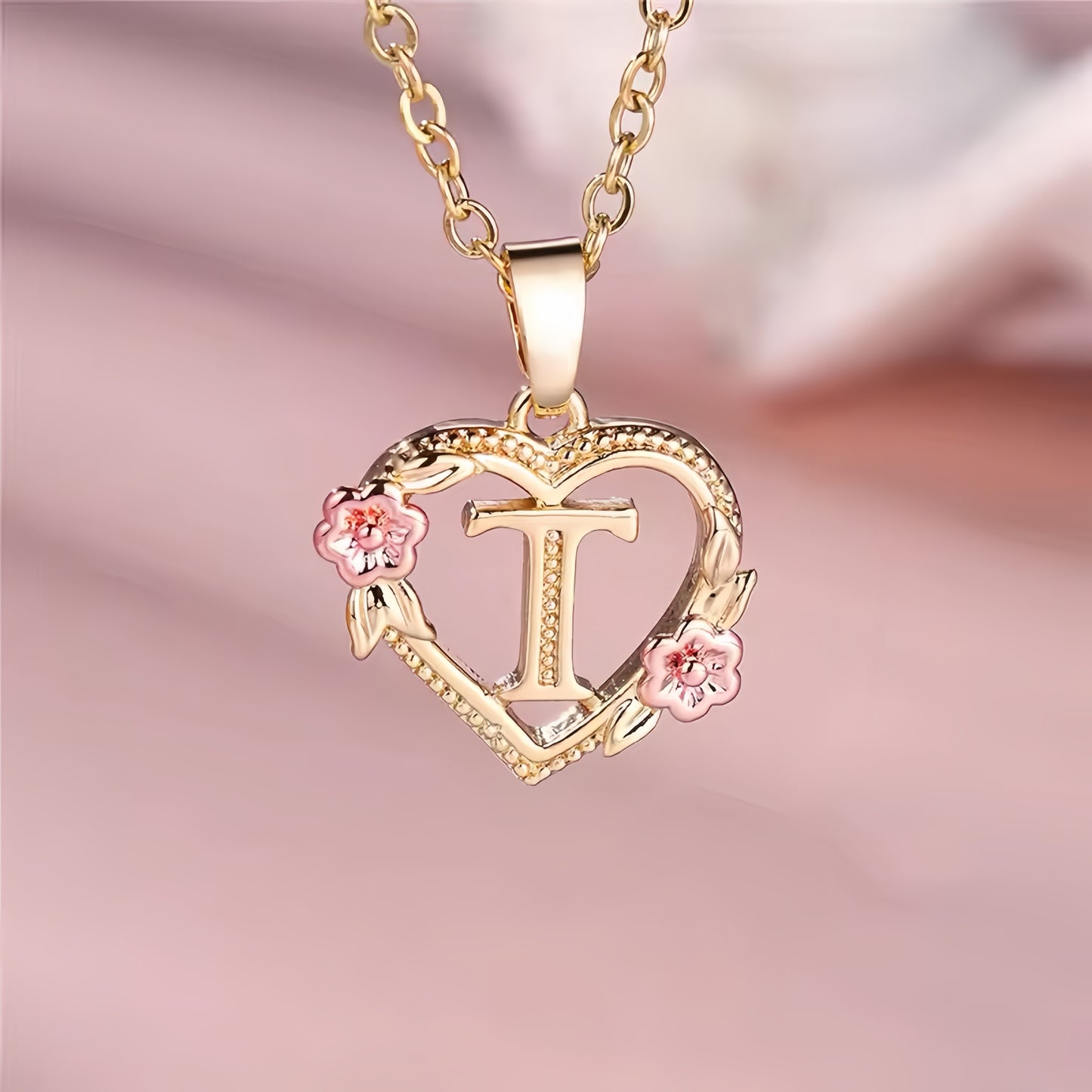 Rose Gold Heart Initial Necklace with Pink Accents - Personalized Letter Pendant for Customized Elegance