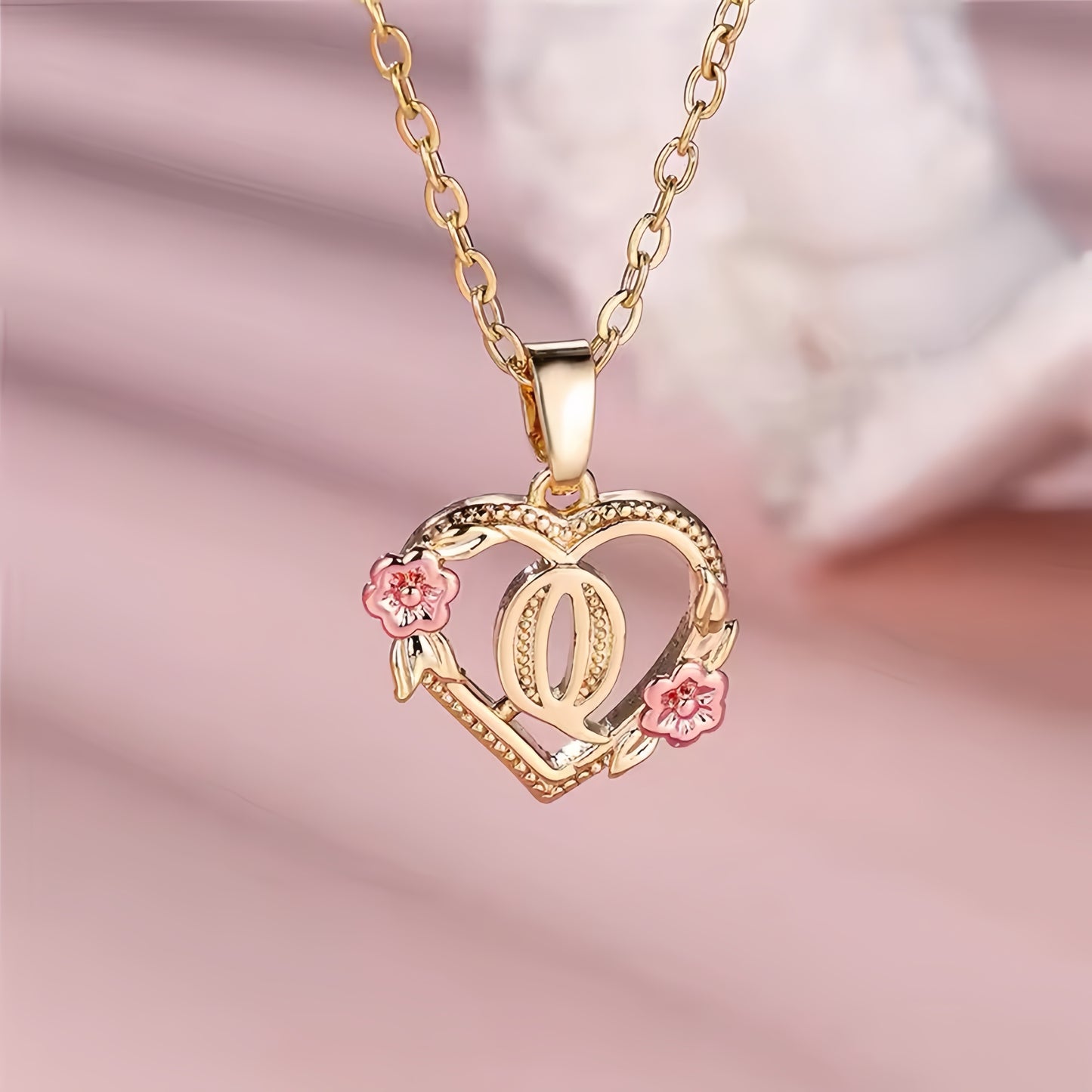 Rose Gold Heart Initial Necklace with Pink Accents - Personalized Letter Pendant for Customized Elegance