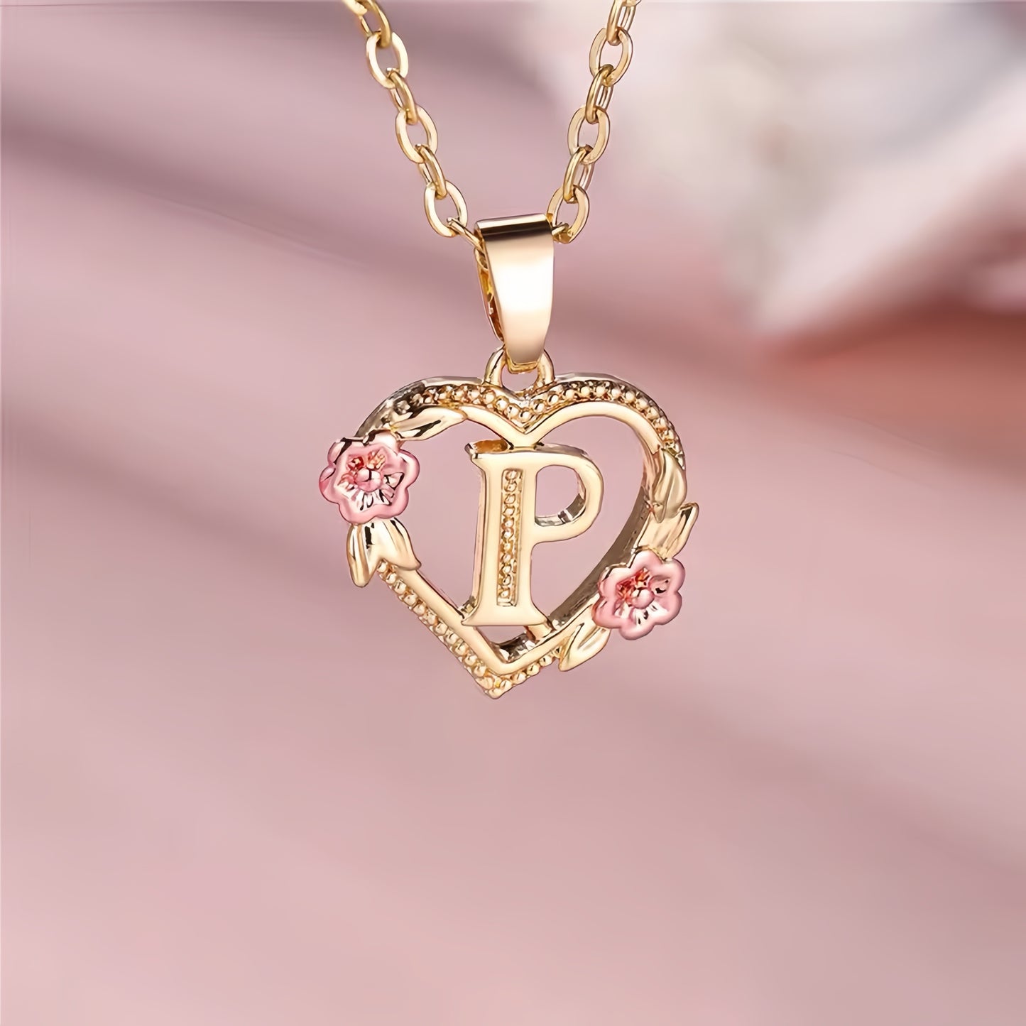 Rose Gold Heart Initial Necklace with Pink Accents - Personalized Letter Pendant for Customized Elegance