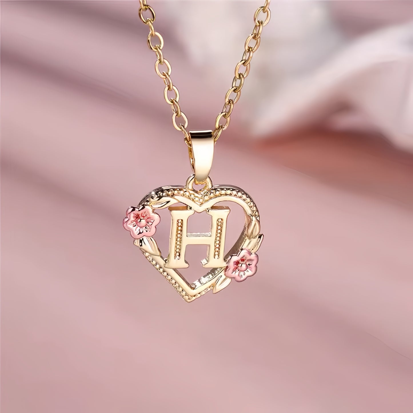 Rose Gold Heart Initial Necklace with Pink Accents - Personalized Letter Pendant for Customized Elegance