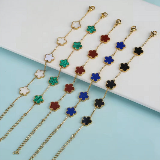 Luxury Gold-Plated Multi-Color Four-Leaf Clover Bracelet Collection with Natural Gemstones
