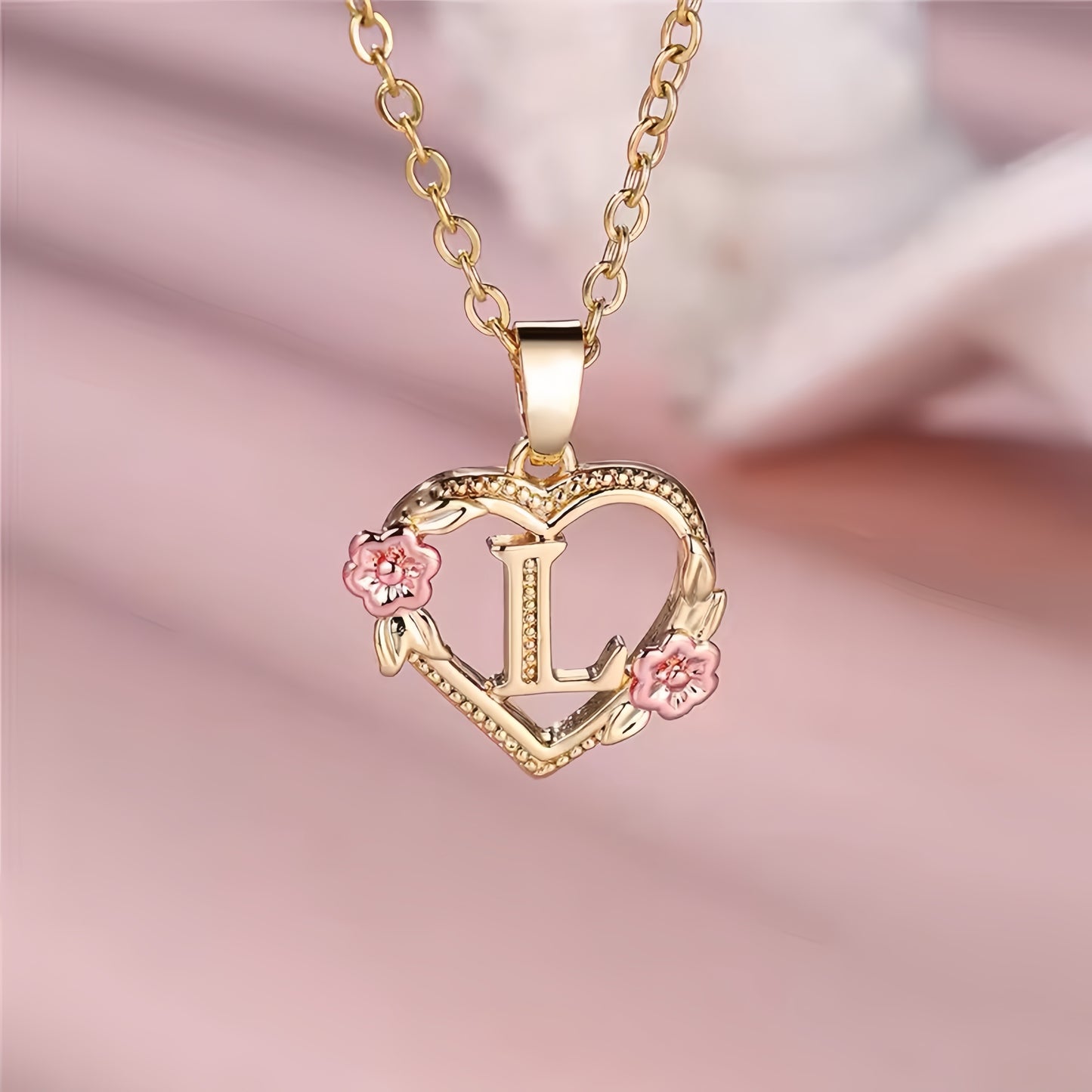 Rose Gold Heart Initial Necklace with Pink Accents - Personalized Letter Pendant for Customized Elegance