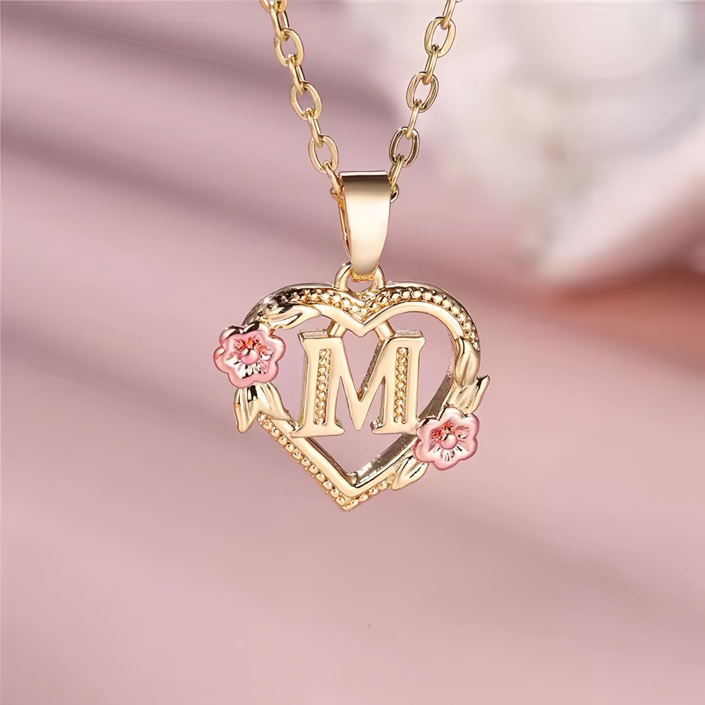 Rose Gold Heart Initial Necklace with Pink Accents - Personalized Letter Pendant for Customized Elegance