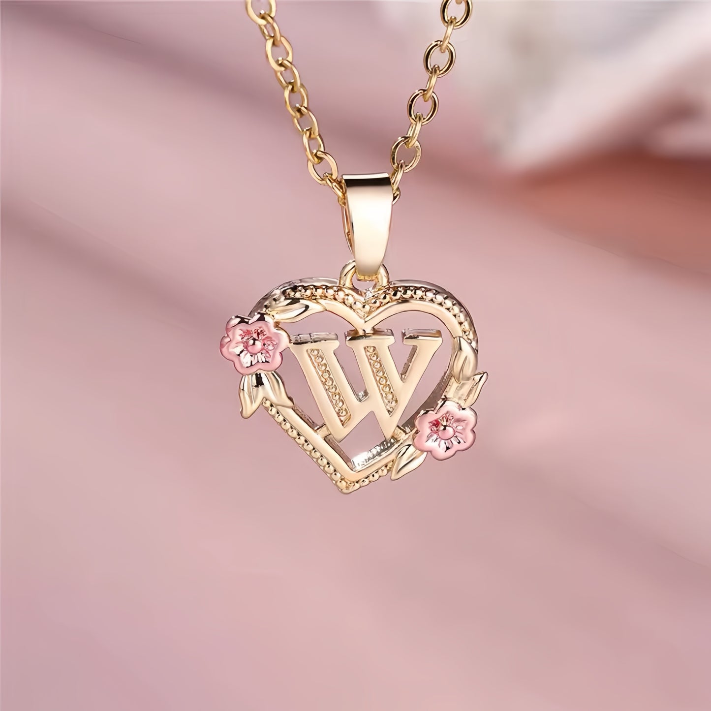 Rose Gold Heart Initial Necklace with Pink Accents - Personalized Letter Pendant for Customized Elegance