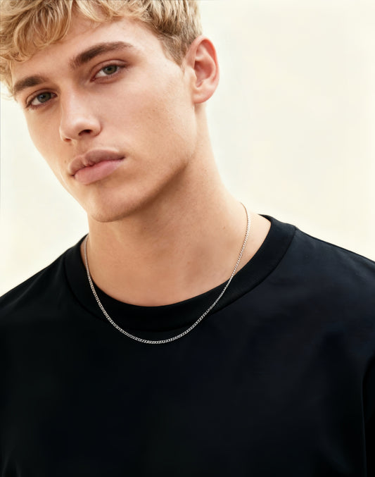 Men's Silver Tone Curb Chain Necklace - Minimalist Casual Style for Everyday Wear