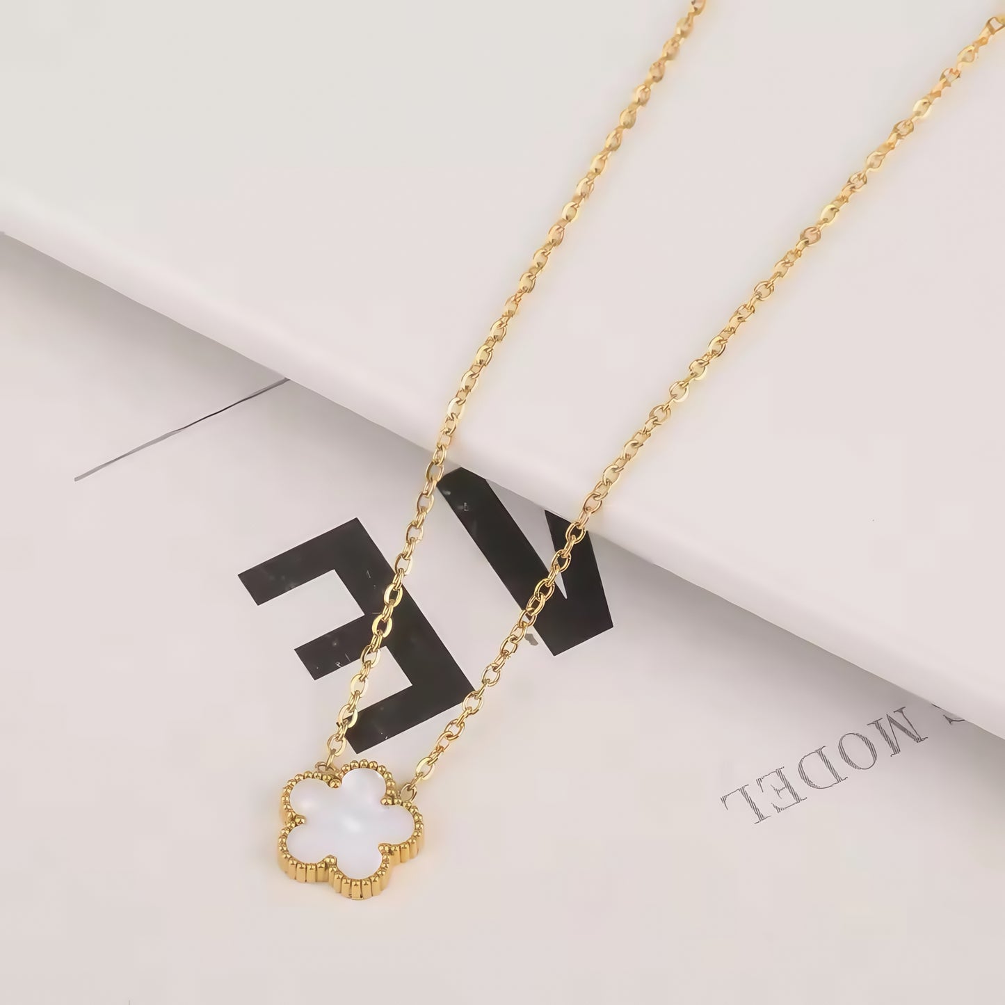 Gold Plated Four-Leaf Clover Necklace with White Shell Inlay - Dainty Lucky Charm Pendant Necklace for Women